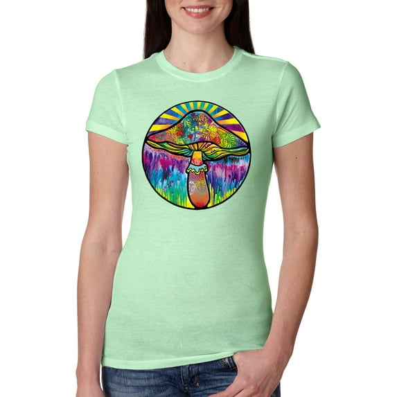 Wild Bobby Colorful Mushroom Retro Puff Print Fashion Womens Slim Fit Junior Tee, Mint, Small
