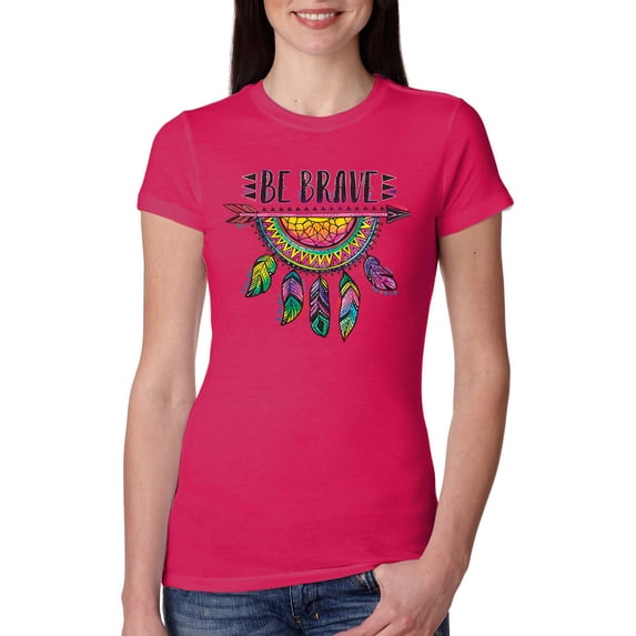 Wild Bobby, Colorful Neon Be Brave Dreamcatcher | Dean Russo Art Pop Culture Womens Slim Fit Junior Tee, Raspberry, Large