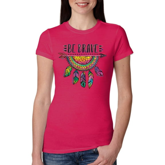 Wild Bobby, Colorful Neon Be Brave Dreamcatcher | Dean Russo Art Pop Culture Womens Slim Fit Junior Tee, Raspberry, Large