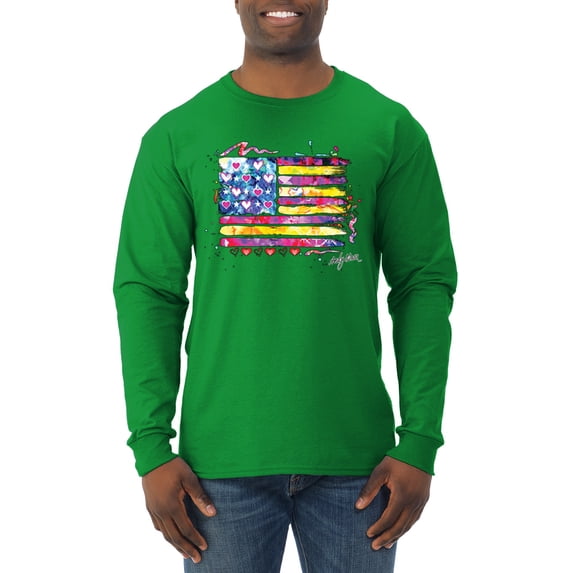 Wild Bobby, Colorful Neon Flag Hearts Love, Streetwear, Men Long Sleeve Shirt, Kelly, 2XL