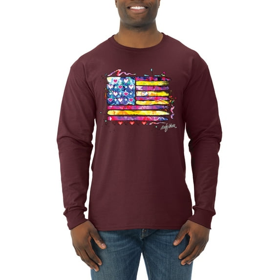 Wild Bobby, Colorful Neon Flag Hearts Love, Streetwear, Men Long Sleeve Shirt, Maroon, 2XL