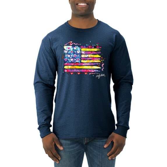 Wild Bobby, Colorful Neon Flag Hearts Love, Streetwear, Men Long Sleeve Shirt, Vintage Heather Navy, X-Large