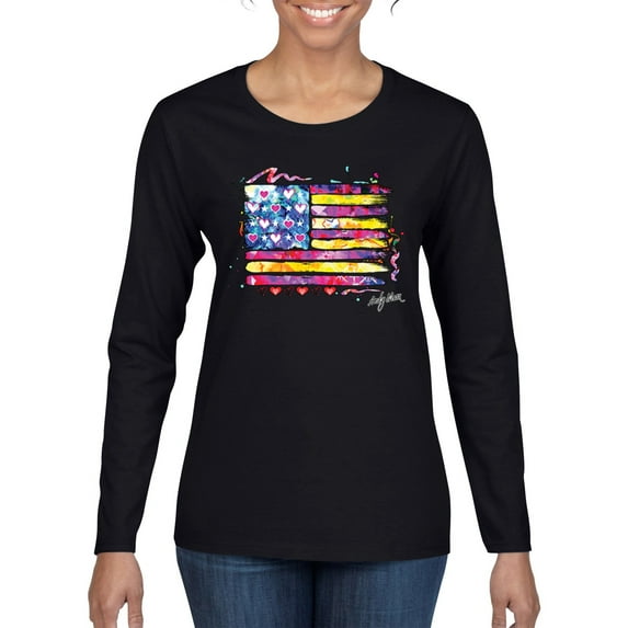 Wild Bobby, Colorful Neon Flag Hearts Love, Streetwear, Women Graphic Long Sleeve Tee, Black, Large