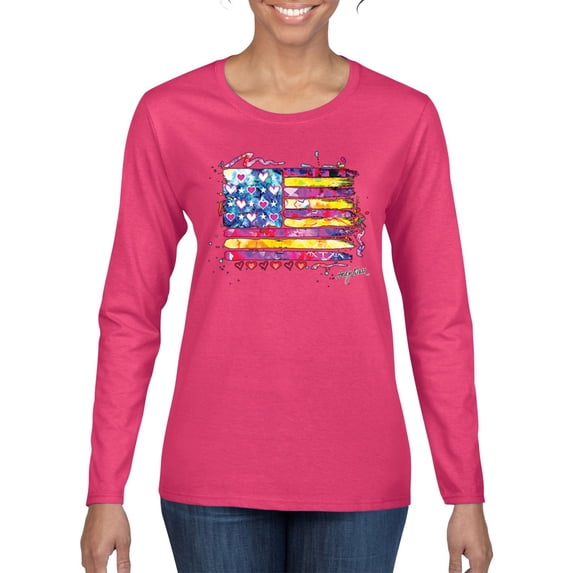 Wild Bobby, Colorful Neon Flag Hearts Love, Streetwear, Women Graphic Long Sleeve Tee, Fuschia, Small