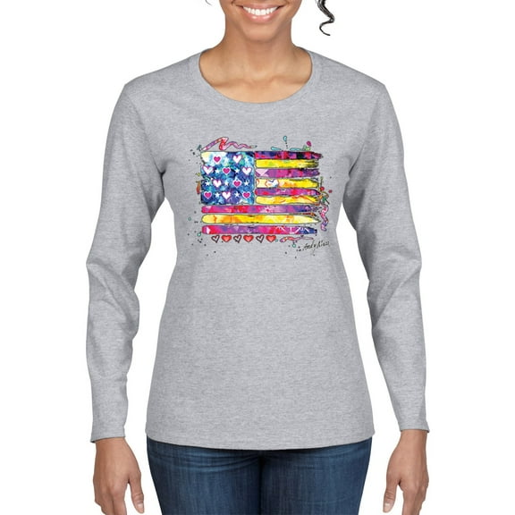 Wild Bobby, Colorful Neon Flag Hearts Love, Streetwear, Women Graphic Long Sleeve Tee, Heather Grey, Large