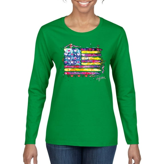 Wild Bobby, Colorful Neon Flag Hearts Love, Streetwear, Women Graphic Long Sleeve Tee, Kelly, X-Large