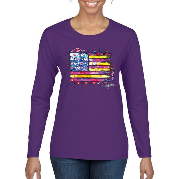 Wild Bobby, Colorful Neon Flag Hearts Love, Streetwear, Women Graphic Long Sleeve Tee, Purple, 2XL
