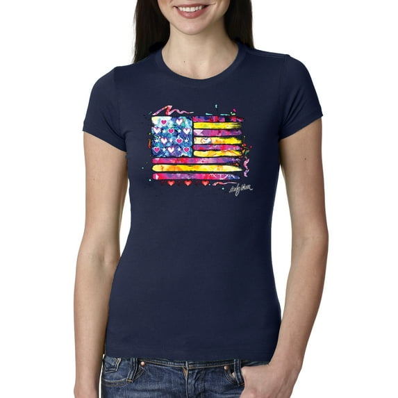 Wild Bobby, Colorful Neon Flag Hearts Love, Streetwear, Women Slim Fit Junior Tee, Navy, Large