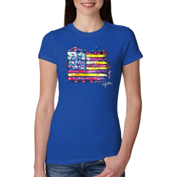 Wild Bobby, Colorful Neon Flag Hearts Love, Streetwear, Women Slim Fit Junior Tee, Royal, X-Large