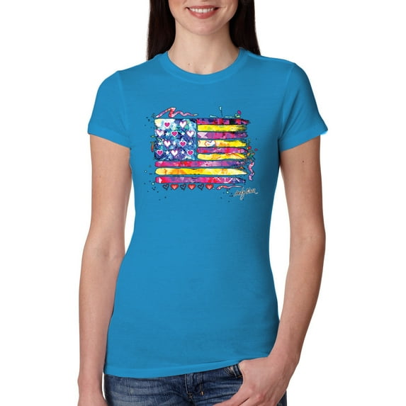 Wild Bobby, Colorful Neon Flag Hearts Love, Streetwear, Women Slim Fit Junior Tee, Turquoise, Small