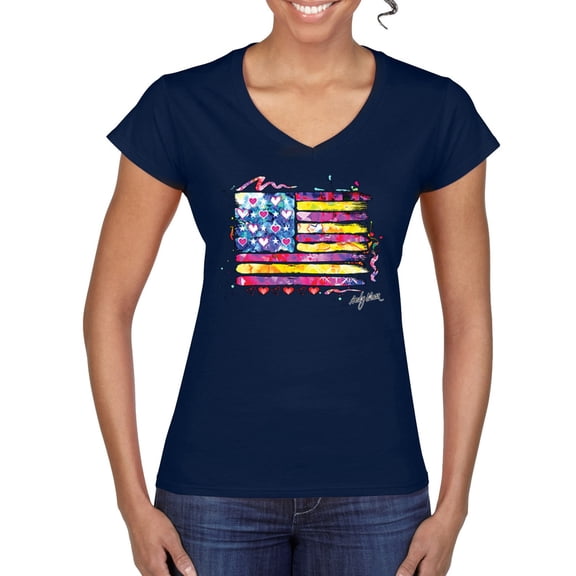 Wild Bobby, Colorful Neon Flag Hearts Love, Streetwear, Women Standard V-Neck Tee, Navy, Medium