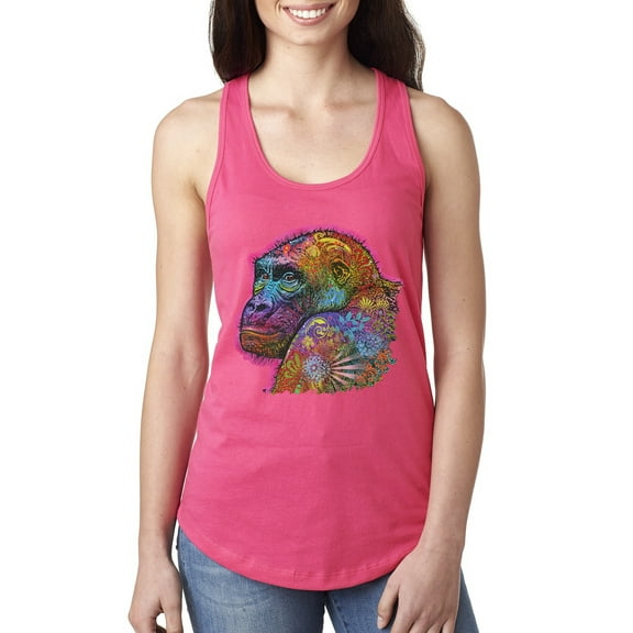 Wild Bobby, Colorful Neon Gorilla | Dean Russo Art Animal Lover Ladies Racerback Tank Top, Hot Pink, Small