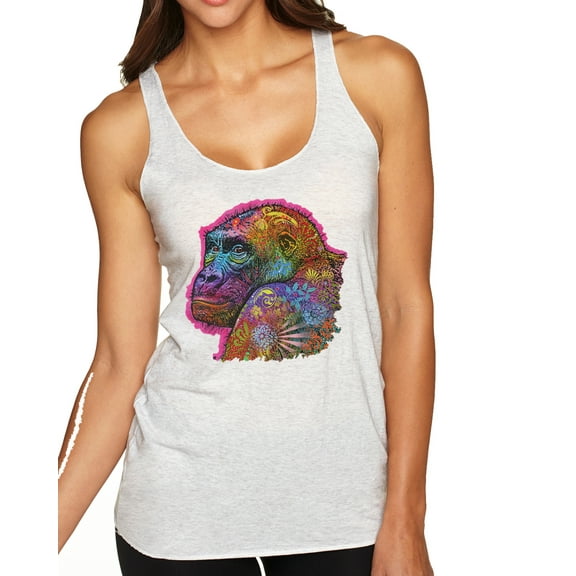 Wild Bobby, Colorful Neon Gorilla | Dean Russo Art Animal Lover Tri-Blend Racerback Tank Top, Heather White, Small