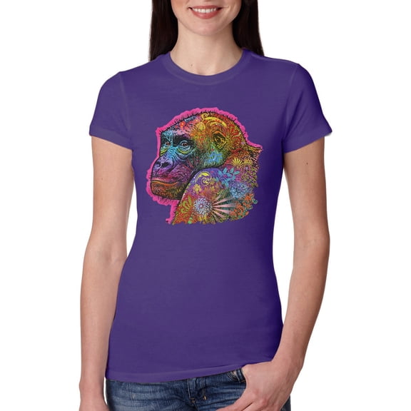Wild Bobby, Colorful Neon Gorilla | Dean Russo Art Animal Lover Womens Slim Fit Junior Tee, Purple Rush, Large
