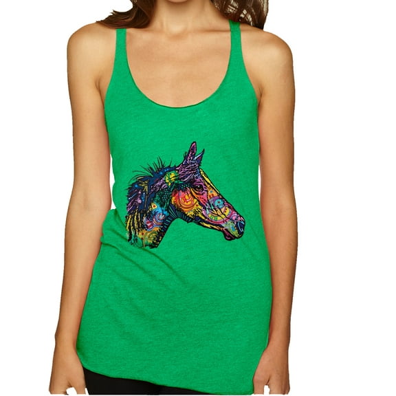 Wild Bobby, Colorful Neon Horse | Dean Russo Art Animal Lover Tri-Blend Racerback Tank Top, Envy, Large