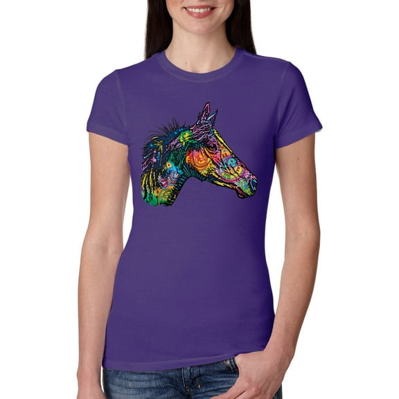 Wild Bobby, Colorful Neon Horse | Dean Russo Art Animal Lover Womens Slim Fit Junior Tee, Purple Rush, Medium