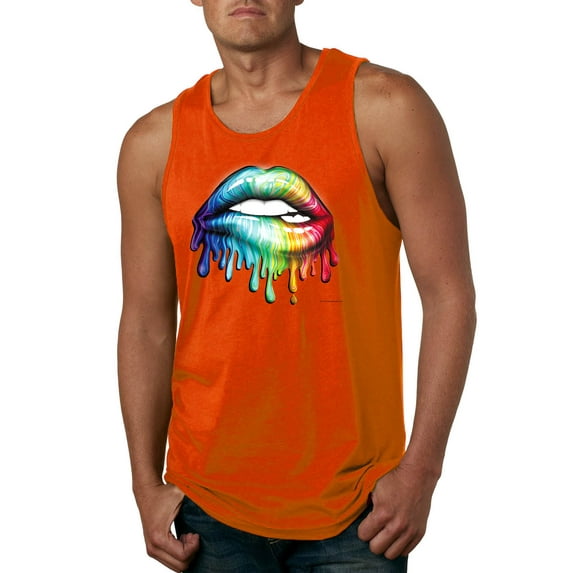 Wild Bobby, Colorful Neon Rainbow Biting Lips, Pop Culture, Men Graphic Tank Top, Orange, Small