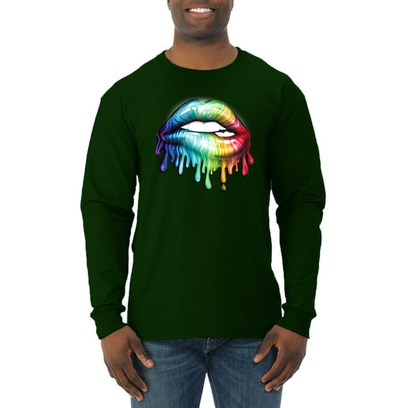 Wild Bobby, Colorful Neon Rainbow Biting Lips, Pop Culture, Men Long Sleeve Shirt, Forest Green, Large