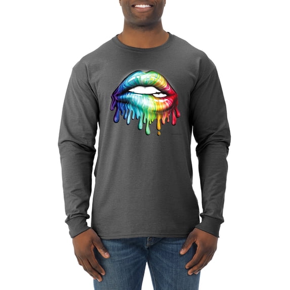 Wild Bobby, Colorful Neon Rainbow Biting Lips, Pop Culture, Men Long Sleeve Shirt, Heather Black, Small