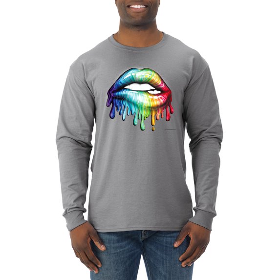 Wild Bobby, Colorful Neon Rainbow Biting Lips, Pop Culture, Men Long Sleeve Shirt, Heather Grey, Medium
