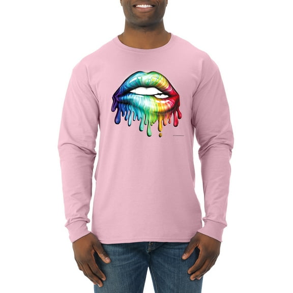 Wild Bobby, Colorful Neon Rainbow Biting Lips, Pop Culture, Men Long Sleeve Shirt, Light Pink, Large