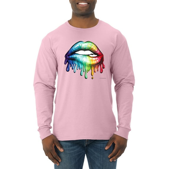 Wild Bobby, Colorful Neon Rainbow Biting Lips, Pop Culture, Men Long Sleeve Shirt, Light Pink, Large