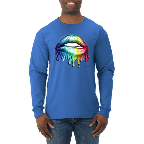 Wild Bobby, Colorful Neon Rainbow Biting Lips, Pop Culture, Men Long Sleeve Shirt, Royal, Large