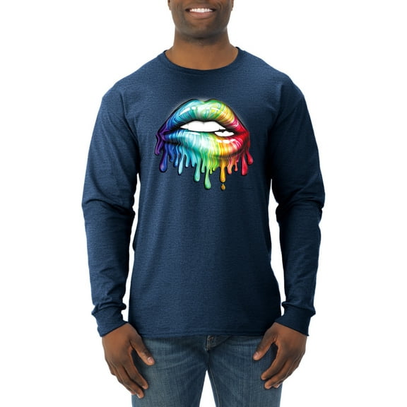 Wild Bobby, Colorful Neon Rainbow Biting Lips, Pop Culture, Men Long Sleeve Shirt, Vintage Heather Navy, X-Large
