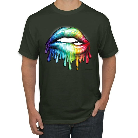 Wild Bobby, Colorful Neon Rainbow Biting Lips Pop Culture Men's Graphic T-Shirt, Forest Green, 5X-Large