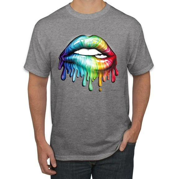 Wild Bobby, Colorful Neon Rainbow Biting Lips Pop Culture Men's Graphic T-Shirt, Heather Grey, XX-Large