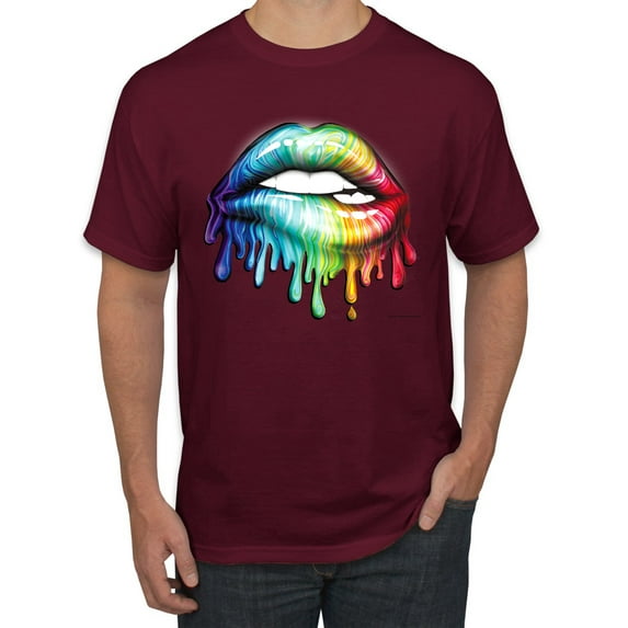 Wild Bobby, Colorful Neon Rainbow Biting Lips Pop Culture Men's Graphic T-Shirt, Maroon, 5X-Large