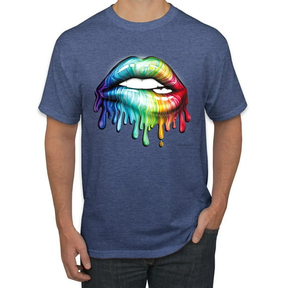 Wild Bobby, Colorful Neon Rainbow Biting Lips Pop Culture Men's Graphic T-Shirt, Vintage Heather Blue, Large