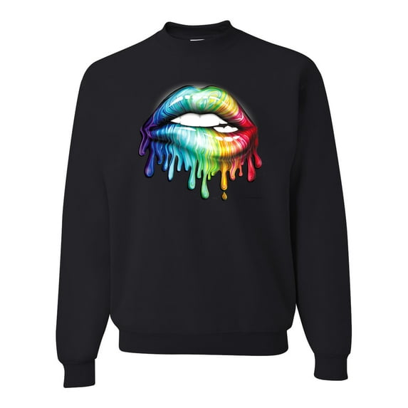 Wild Bobby, Colorful Neon Rainbow Biting Lips, Pop Culture, Unisex Crewneck Graphic Sweatshirt, Black, 5XL