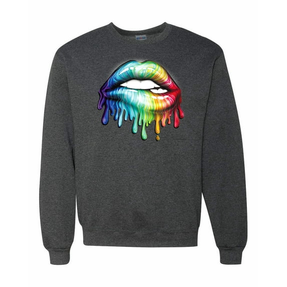 Wild Bobby, Colorful Neon Rainbow Biting Lips, Pop Culture, Unisex Crewneck Graphic Sweatshirt, Heather Black, Small