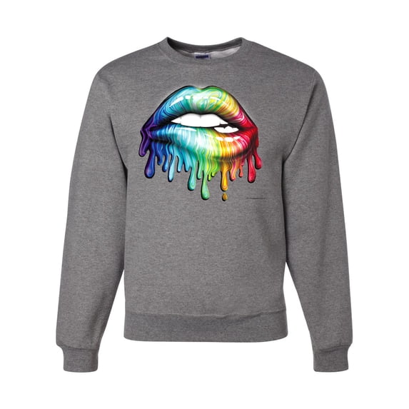Wild Bobby, Colorful Neon Rainbow Biting Lips, Pop Culture, Unisex Crewneck Graphic Sweatshirt, Heather Grey, 3XL