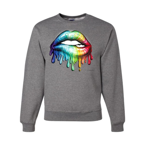Wild Bobby, Colorful Neon Rainbow Biting Lips, Pop Culture, Unisex Crewneck Graphic Sweatshirt, Heather Grey, X-Large
