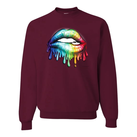 Wild Bobby, Colorful Neon Rainbow Biting Lips, Pop Culture, Unisex Crewneck Graphic Sweatshirt, Maroon, Medium