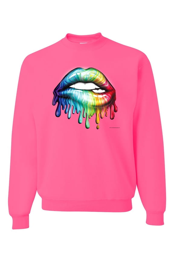 , Colorful Neon Rainbow Biting Lips, Pop Culture, Unisex Crewneck Graphic Sweatshirt, Neon Pink, 3XL
