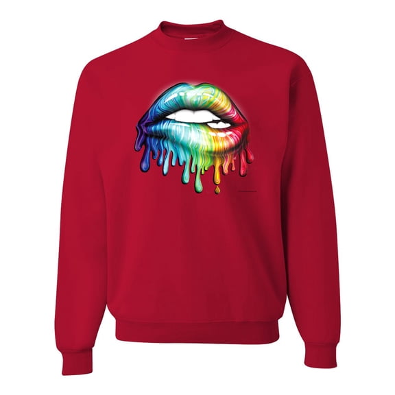 Wild Bobby, Colorful Neon Rainbow Biting Lips, Pop Culture, Unisex Crewneck Graphic Sweatshirt, Red, 4XL