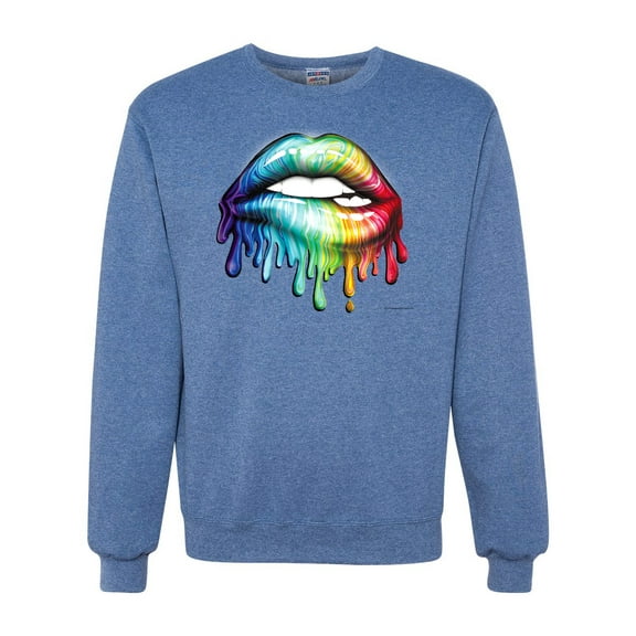 Wild Bobby, Colorful Neon Rainbow Biting Lips, Pop Culture, Unisex Crewneck Graphic Sweatshirt, Vintage Heather Blue, 3XL