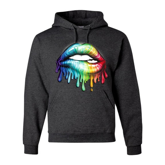 Wild Bobby, Colorful Neon Rainbow Biting Lips Pop Culture Unisex Graphic Hoodie Sweatshirt, Heather Black, XX-Large