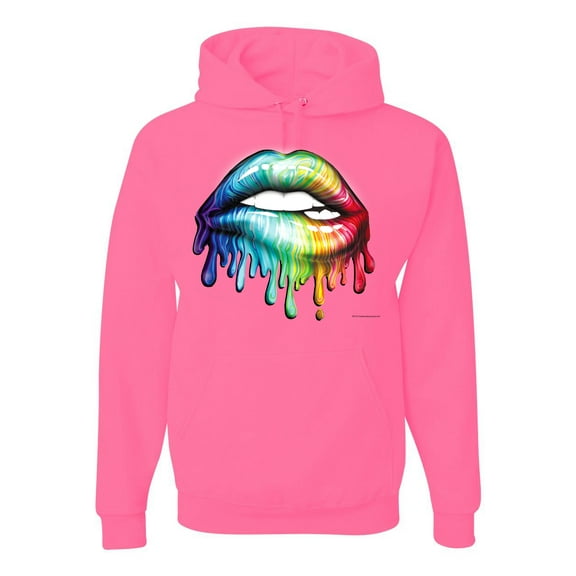 Wild Bobby, Colorful Neon Rainbow Biting Lips Pop Culture Unisex Graphic Hoodie Sweatshirt, Neon Pink, X-Large