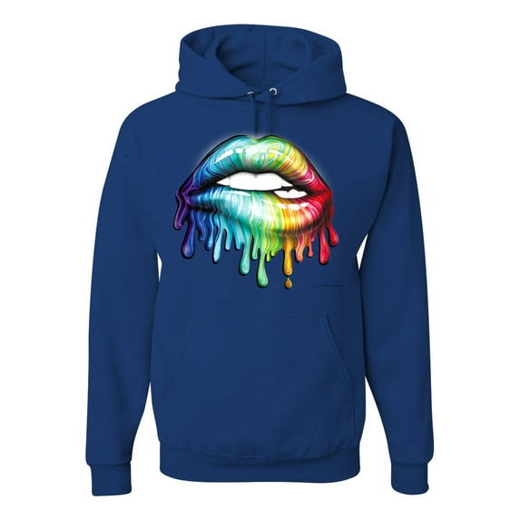 Wild Bobby, Colorful Neon Rainbow Biting Lips Pop Culture Unisex Graphic Hoodie Sweatshirt, Royal, Small