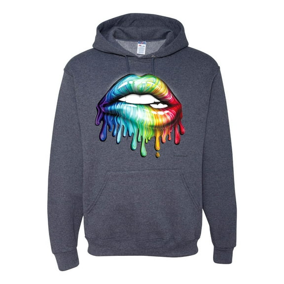 Wild Bobby, Colorful Neon Rainbow Biting Lips Pop Culture Unisex Graphic Hoodie Sweatshirt, Vintage Heather Navy, Small