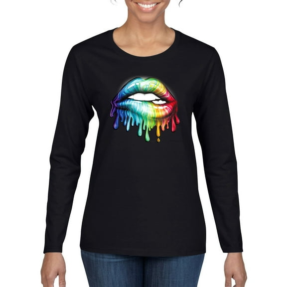 Wild Bobby, Colorful Neon Rainbow Biting Lips, Pop Culture, Women Graphic Long Sleeve Tee, Black, Small