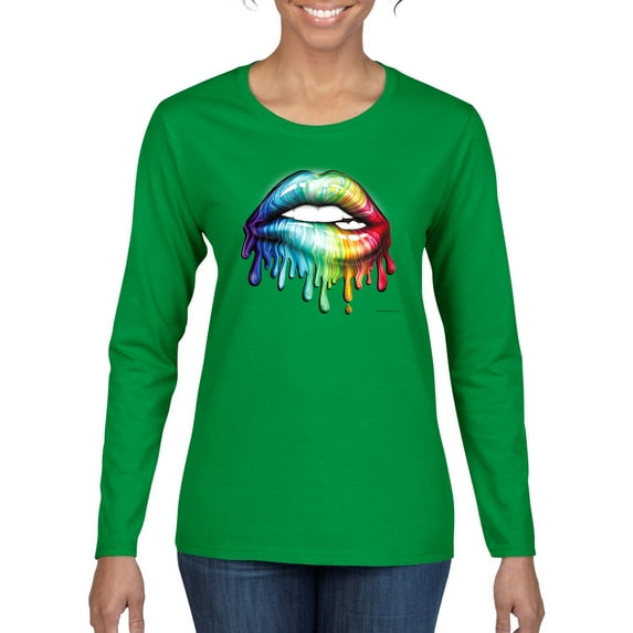 Wild Bobby, Colorful Neon Rainbow Biting Lips, Pop Culture, Women Graphic Long Sleeve Tee, Kelly, 2XL