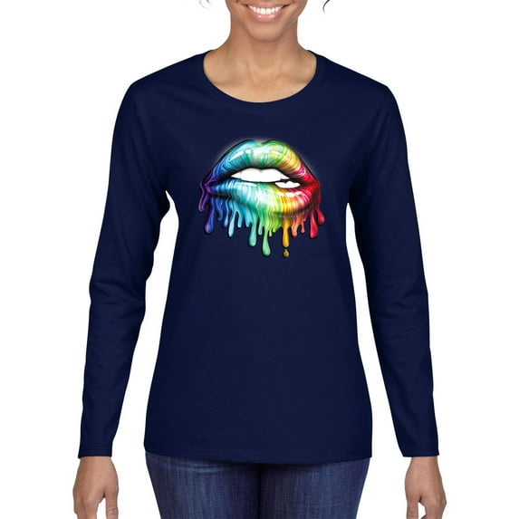 Wild Bobby, Colorful Neon Rainbow Biting Lips, Pop Culture, Women Graphic Long Sleeve Tee, Navy, Small