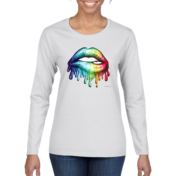 Wild Bobby, Colorful Neon Rainbow Biting Lips, Pop Culture, Women Graphic Long Sleeve Tee, White, Small