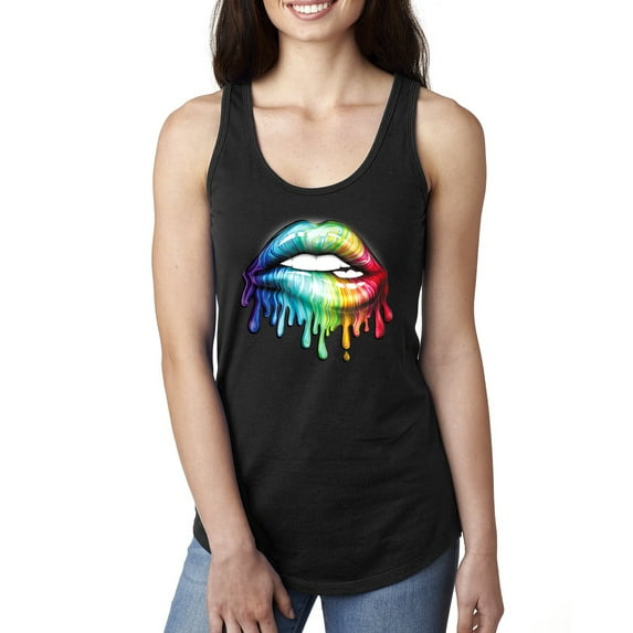 Wild Bobby, Colorful Neon Rainbow Biting Lips, Pop Culture, Women Racerback Tank Top, Black, Small