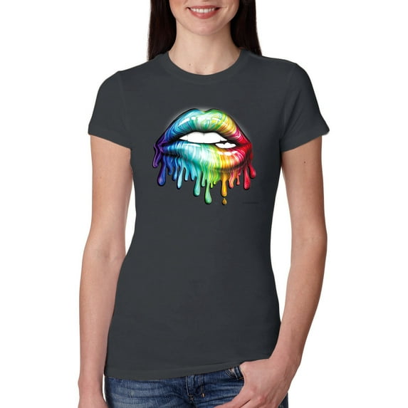 Wild Bobby, Colorful Neon Rainbow Biting Lips, Pop Culture, Women Slim Fit Junior Tee, Dark Grey, Large
